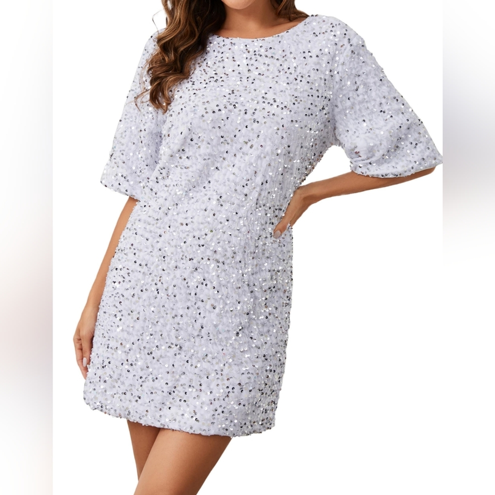 Women's White Sparkly Silver Sequin Shirt Mini Dress, Velvet, M
